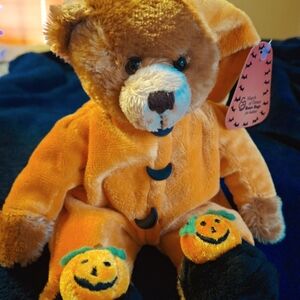 March of Dimes Plushland Halloween Bear Pumpkin PJS / Slippers Bean Bag Plush